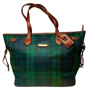Black Watch Plaid Coated Canvas Leather Oversized Shoulder Bag Metal Feet